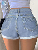 Shorts Jeans Feminino Cintura Alta – Bordado de Chamas e Bainha Enrolada - Rosence