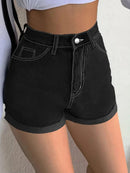 Shorts Jeans Feminino Cintura Alta – Bordado de Chamas e Bainha Enrolada - Rosence