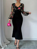 Vestido Elegante Caimento Slim Fit – Manga Bishop em Tule Bordado Floral - Rosence