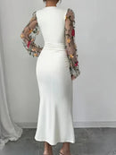 Vestido Elegante Caimento Slim Fit – Manga Bishop em Tule Bordado Floral - Rosence