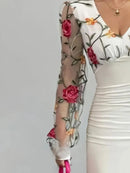 Vestido Elegante Caimento Slim Fit – Manga Bishop em Tule Bordado Floral - Rosence