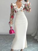 Vestido Elegante Caimento Slim Fit – Manga Bishop em Tule Bordado Floral - Rosence