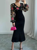 Vestido Elegante Caimento Slim Fit – Manga Bishop em Tule Bordado Floral - Rosence