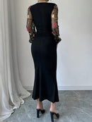 Vestido Elegante Caimento Slim Fit – Manga Bishop em Tule Bordado Floral - Rosence