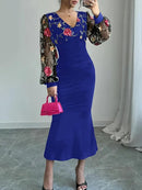 Vestido Elegante Caimento Slim Fit – Manga Bishop em Tule Bordado Floral - Rosence