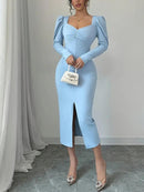 Vestido Midi Elegante – Decote Coração, Manga Bufante - Rosence