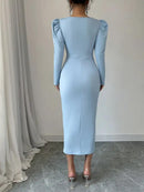 Vestido Midi Elegante – Decote Coração, Manga Bufante - Rosence