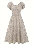 Vestido Midi Floral Elegante – Decote V e Modelagem Acinturada - Rosence