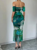 Vestido Bodycon Elegante Tie-Dye – Decote Ombro a Ombro e Tecido Ajustado - Rosence